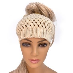 Jackyco Winter Collection Ponytail Beanie | Ponytail Crochet Hat | Color: Beige